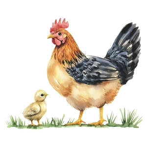 Artistic watercolor farm rooster and chick wall sticker for home kitchen decoration