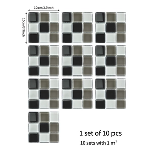Detailed size chart for black and white mosaic tile stickers measuring 10x10 cm per piece