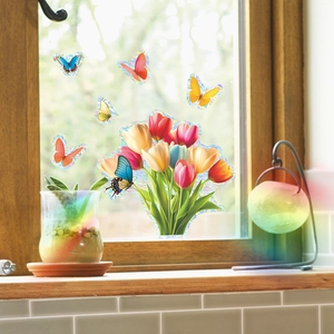 Rainbow prism window stickers featuring colorful tulips and butterflies on glass surface