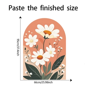 Detail showing arch wall sticker with daisy pattern and 95cm by 66cm dimension guide