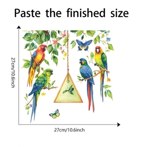 Detail showing tropical parrot wall stickers with floral leaves and butterfly patterns