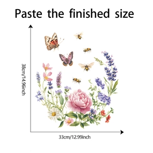 Detail showing self-adhesive floral toilet stickers with butterflies and size dimensions