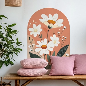 Bohemian arch wall decal with white daisies and green leaves on terracotta background
