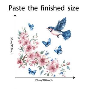 Detail of watercolor floral wall stickers with bird and butterflies, 30x27cm size view