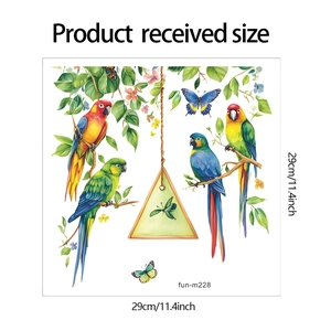 Watercolor parrot and green leaf wall sticker layout with size dimensions of 29x29cm