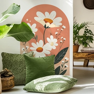 Minimalist green floral arch wall decal with daisies for bedroom entryway decor