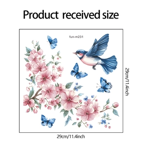 Detail view of product size 29x29cm with watercolor floral and bird sticker design