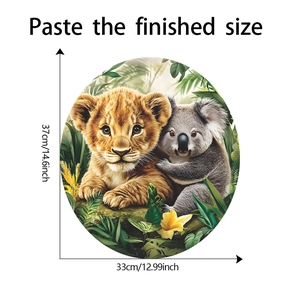 Detailed dimensions showing the cartoon lion and koala bathroom wall sticker at 37x33cm