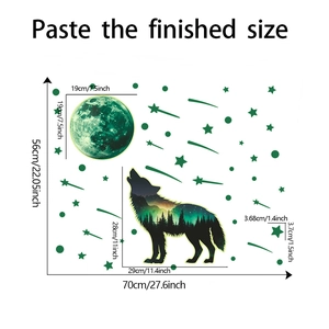 Detailed size specifications for luminous forest wolf and moon wall sticker set
