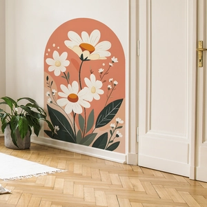 Terracotta arch wall decal with painted white daisies and green leaves for home decor