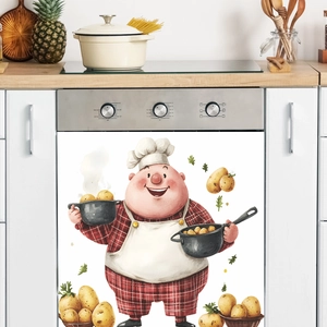 Détail d'un autocollant mural de chef cuisinier sur un panneau d'armoire blanc