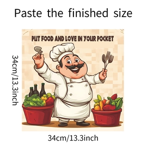 Detail view of 34cm chef wall sticker with Put Food and Love in Your Pocket text