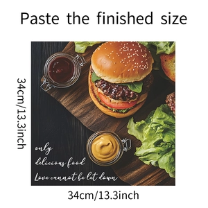 Detail of square burger wall sticker featuring 13.3 inch food design for kitchen decor