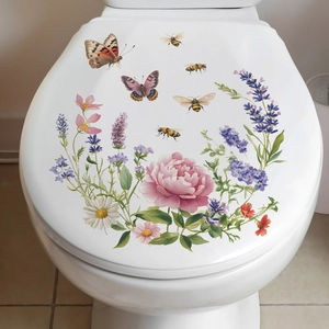 Floral toilet sticker with pink peonies, lavender and butterflies for bathroom decor