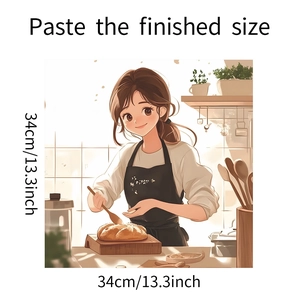 Detail of baking girl wall sticker showing 34x34cm size and warm anime kitchen scene