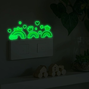 Luminous rainbow heart crown wall stickers glowing green in dark bedroom switch decor