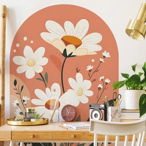 Boho arch wall sticker with white daisy flowers and terracotta background for home decor