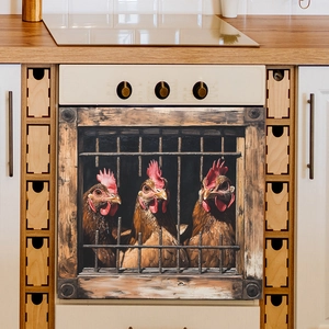 Realistic 3D farm rooster sticker on a white oven door in a rustic kitchen setting