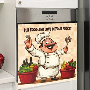 Detail of cartoon chef wall sticker on a stainless steel oven in a kitchen setting