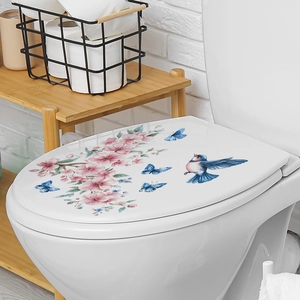 Waterproof floral toilet decal with watercolor flowers and blue bird for bathroom decor