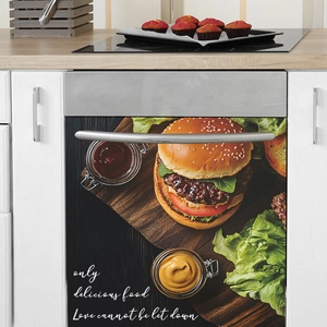 Macro detail of magnetic dishwasher cover with burger graphics on black wood texture