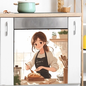 Detail of baking girl wall sticker on white dishwasher in a modern kitchen scene