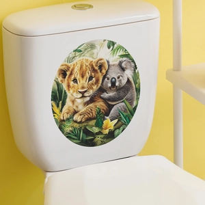 Cartoon lion and koala bathroom toilet lid sticker in vibrant tropical forest style