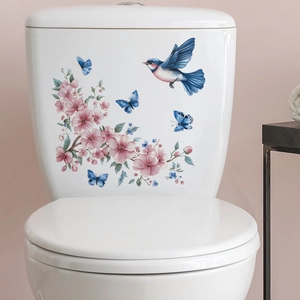 Watercolor Flower Bird Butterfly Toilet Lid Sticker PVC Waterproof Self Adhesive Bathroom Decal Home Wall Decoration Mural