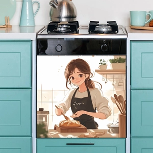 Anime girl baking poster sticker for kitchen appliance decoration with warm brown tones