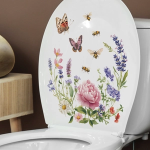 Floral toilet lid sticker featuring pink peonies and butterflies for bathroom decor