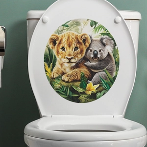 Cute Cartoon Lion And Koala Jungle Pattern Toilet Lid Sticker Waterproof PVC Bathroom Decoration Wall Decal For Home Decor