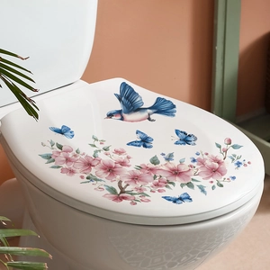 Watercolor flower and bird self-adhesive toilet lid decal for bathroom home decoration