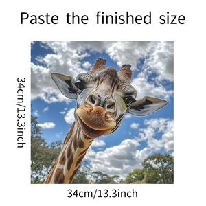 Detail showing 34x34cm giraffe print sticker on blue sky background for appliances
