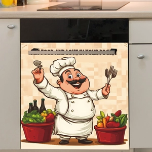 Cartoon Chef Kitchen Dishwasher Magnetic Sticker Waterproof PVC Wall Decal Home Restaurant Background Decorative Mural