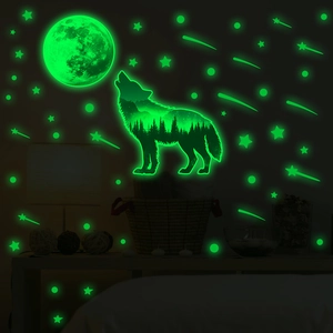 Luminous wall stickers set with glowing full moon, forest wolf silhouette and stars