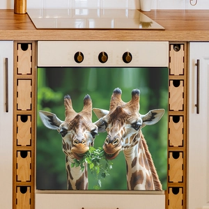 Dettaglio degli adesivi decorativi con giraffa sulla lavastoviglie in cucina moderna