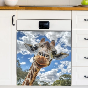 Close-up of giraffe sticker on a dishwasher in a bright kitchen with a blue sky background