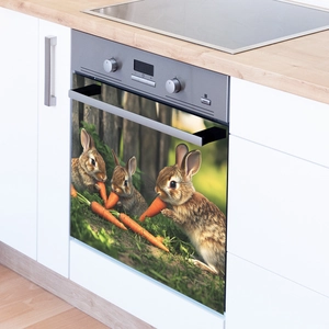 Magnetic dishwasher sticker with cute brown rabbits and carrots in a modern kitchen