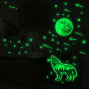 Glow-in-the-dark forest wolf and moon wall stickers set for bedroom decoration
