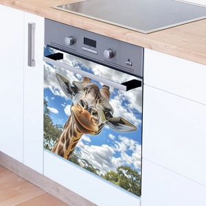 Decorative giraffe decal on white dishwasher panel featuring a bright blue sky background