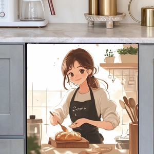 Kitchen wall decal featuring hand-drawn girl baking bread on a warm cupboard sticker