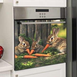 Kitchen dishwasher wall sticker with cute brown rabbits eating carrots in the grass