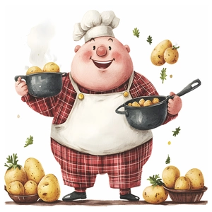 Sticker mural chef cuisinier en uniforme à carreaux rouges et pommes de terre aquarelle