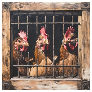 Artistic farmhouse chicken wall sticker featuring three hens peering through a wooden fence