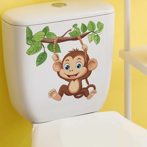 Waterproof PVC Cartoon Monkey Swinging On Tree Branch Toilet Sticker For Bathroom Home Decor Removable Decorative Wall Decal