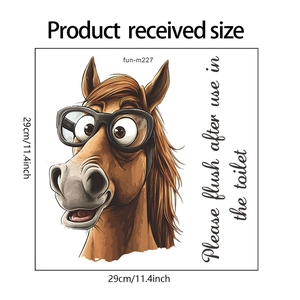 Vue détaillée de l'autocollant cheval pour toilettes avec texte anglais et dimensions 29cm