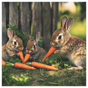 Three cute bunny figurines with orange carrots for home kitchen garden decoration