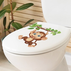 Cartoon playful monkey wall sticker hanging on green branch for bathroom toilet lid decoration
