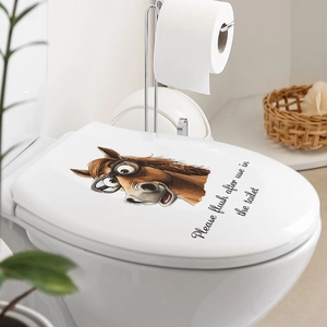 Sticker WC cheval rigolo avec slogan anglais Please Flush After Use pour déco de salle de bain