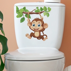 Cartoon playful monkey wall sticker with green leaves for bathroom toilet decoration